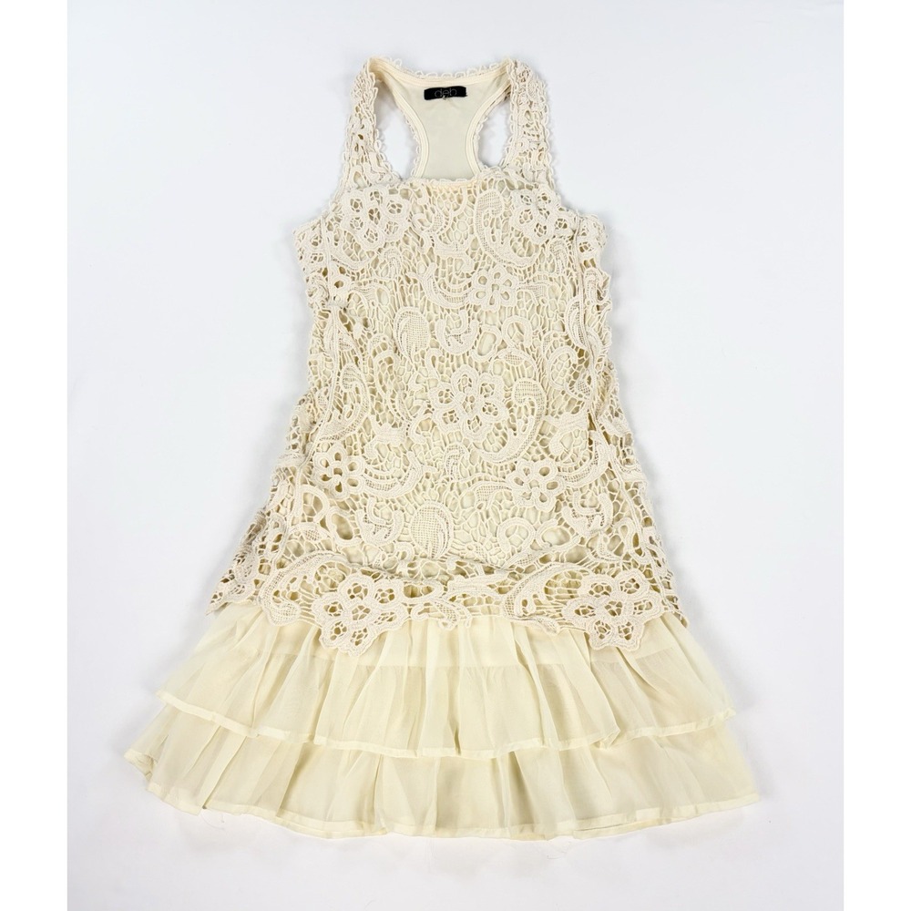 Deb Cream Crochet Lace Overlay Tiered Ruffle Sleeveless Mini Dress Women's S